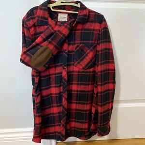 Cute red and black plaid flannel shirt with elbow patches!